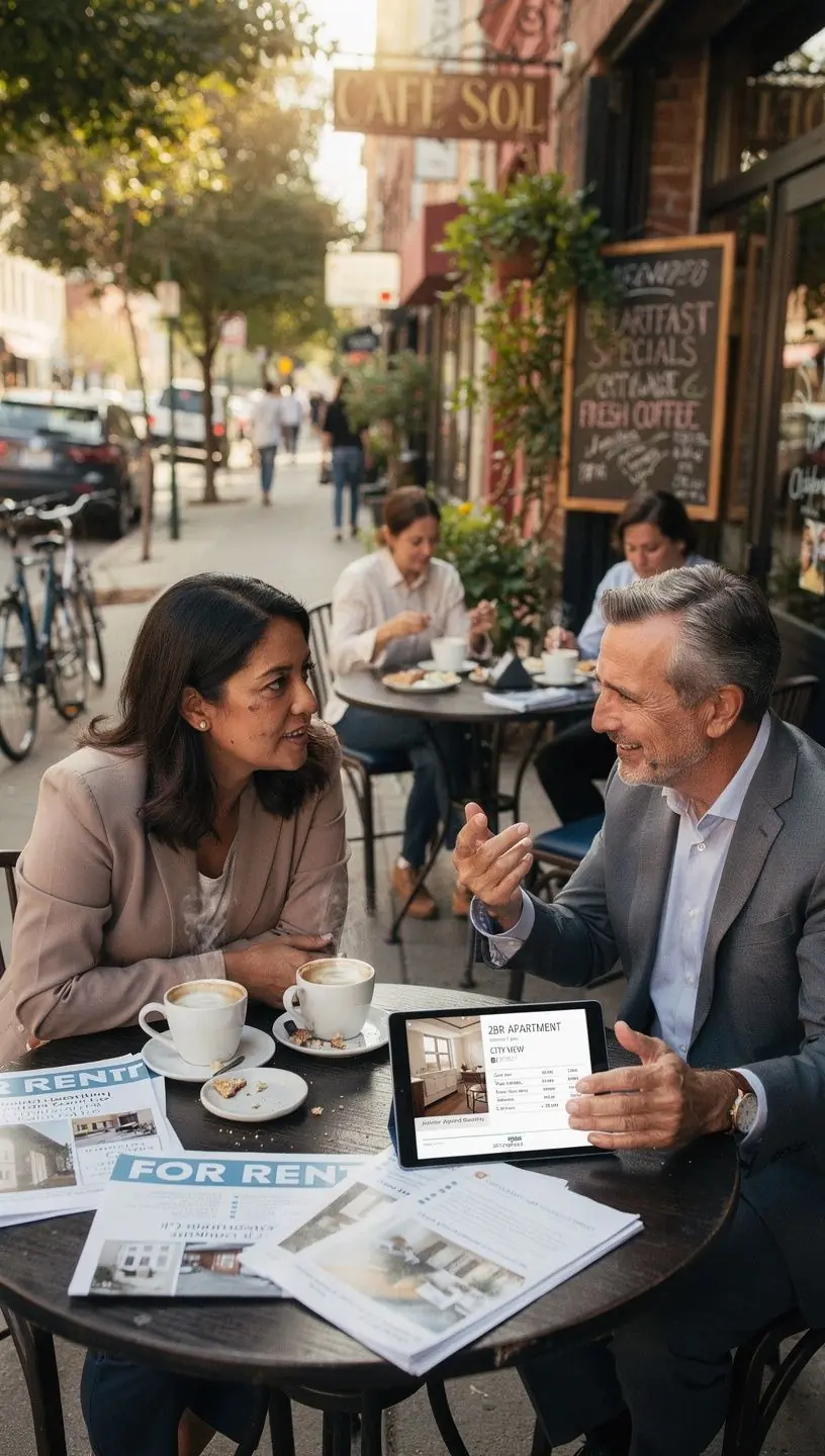 Biuro doradztwa w wynajmie mieszkań z mapą dojazdów i listą rekomendowanych ofert.