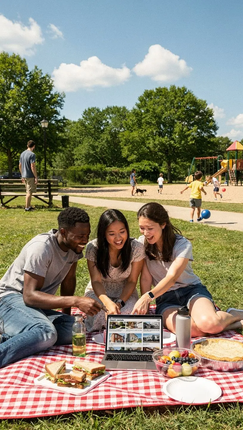 Ilustracja przedstawiająca różne opcje filtrów do wyszukiwania domów na wynajem.