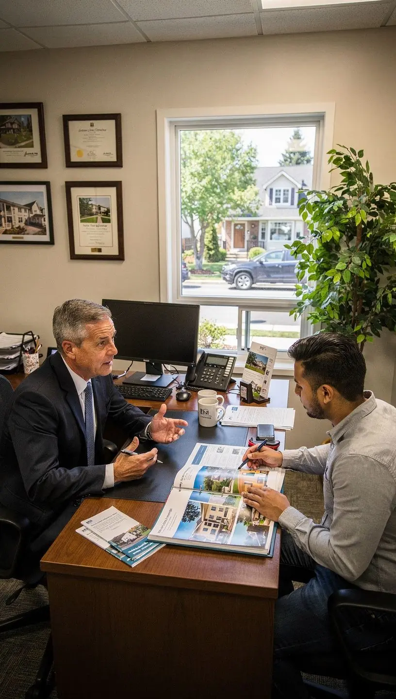 Zdjęcie przedstawiające rodzinę oglądającą dom na wynajem w przyjaznym sąsiedztwie.
